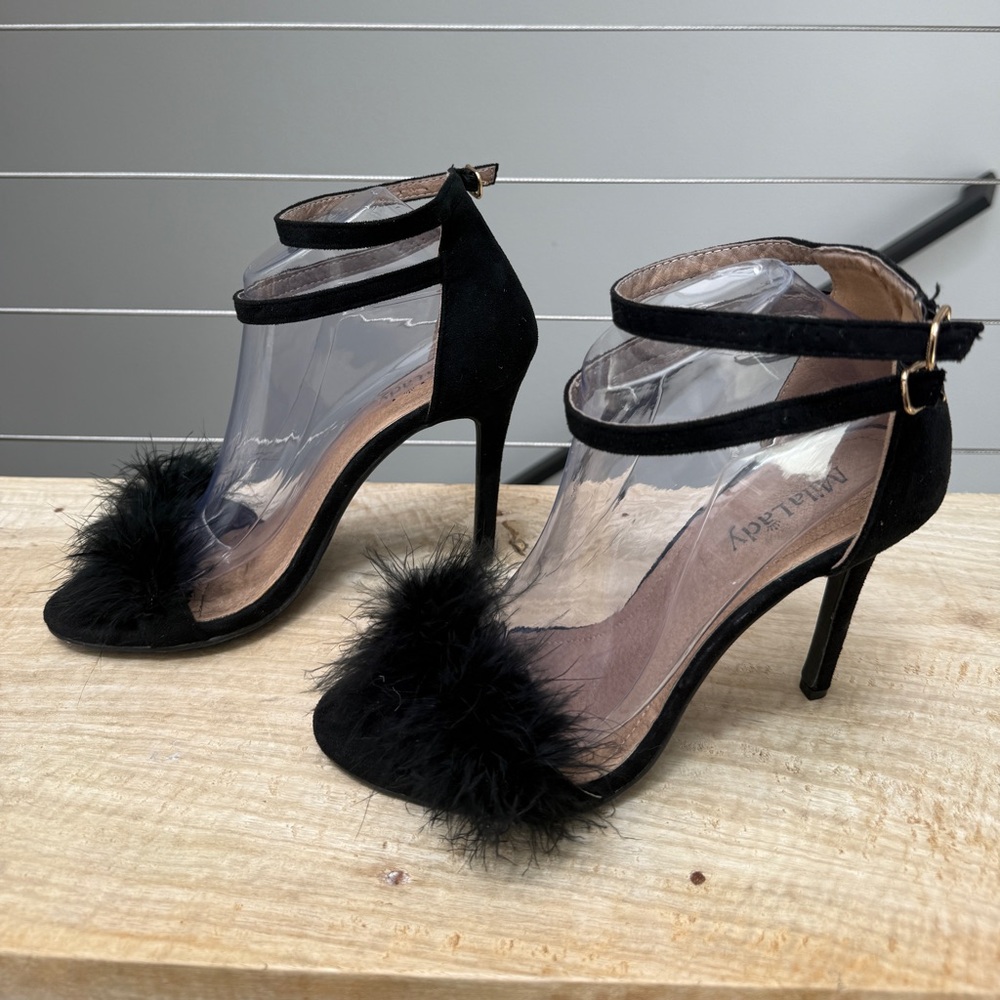 Mila Lady Eileen18 Feather Stiletto Heels Black Ankle Strap Sexy Party | Size 9 - Picture 9 of 10